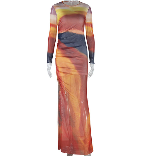 Women's Fashion Printed Dress Round Neck Pullover Long Sleeve Slit Pleated Skirt
