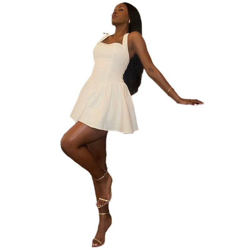 Women's Fashion Solid Color Dress Sexy Sling Neck Sleeveless Backless A-Line Dress