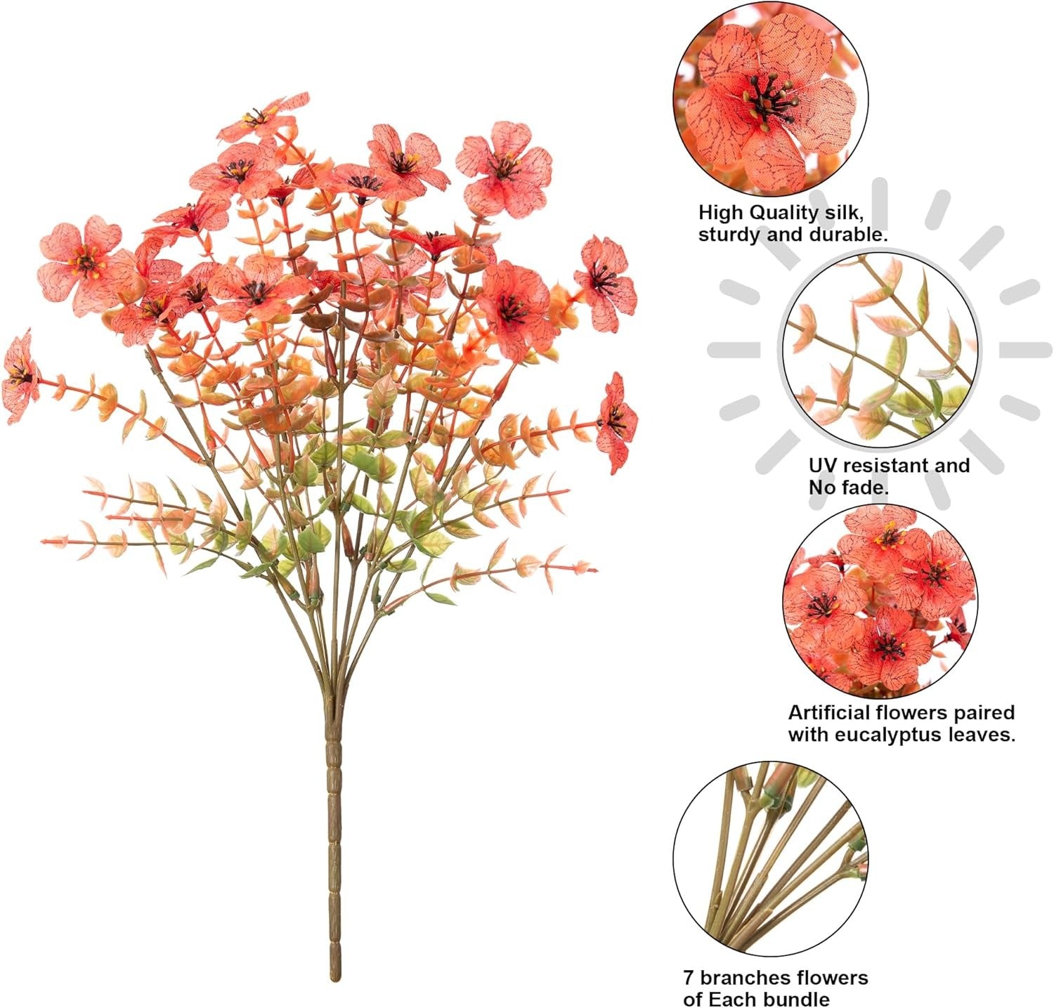 Artificial flower branch with eucalyptus leaves, featuring quality and durability attributes.