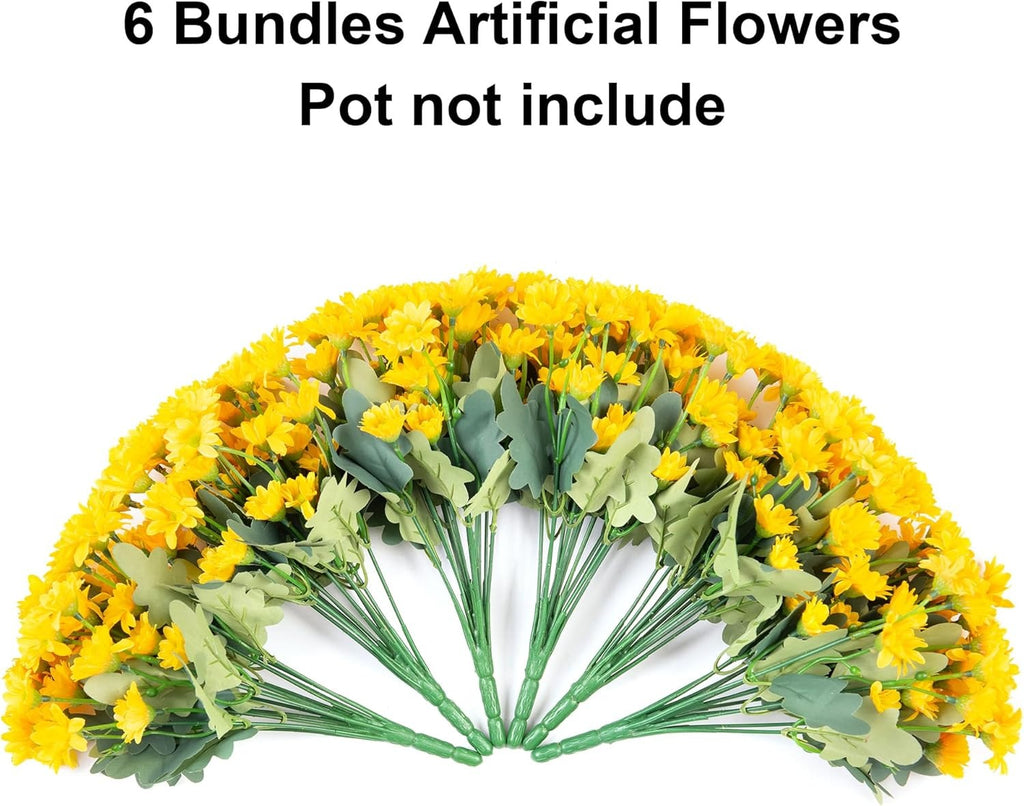 6 bundles of artificial yellow flowers with green leaves on a white background, text indicating '6 Bundles Artificial Flowers Pot not include'.
