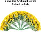 6 bundles of artificial yellow flowers with green leaves on a white background, text indicating '6 Bundles Artificial Flowers Pot not include'.
