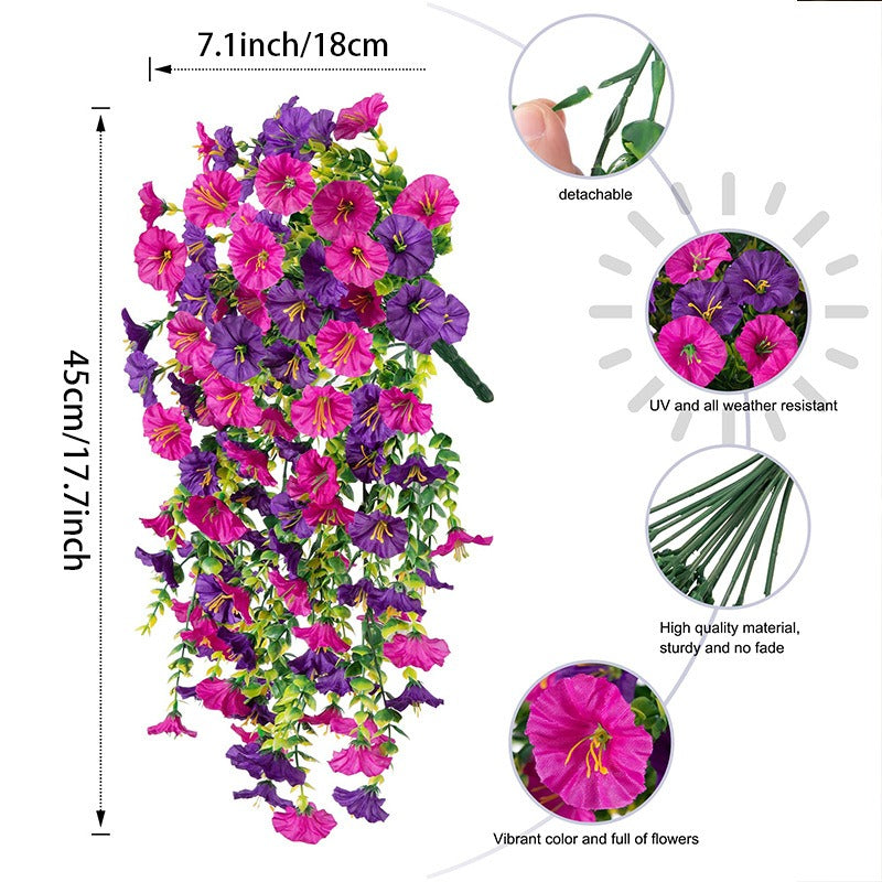 Artificial hanging flower vine with measurements and features on a white background