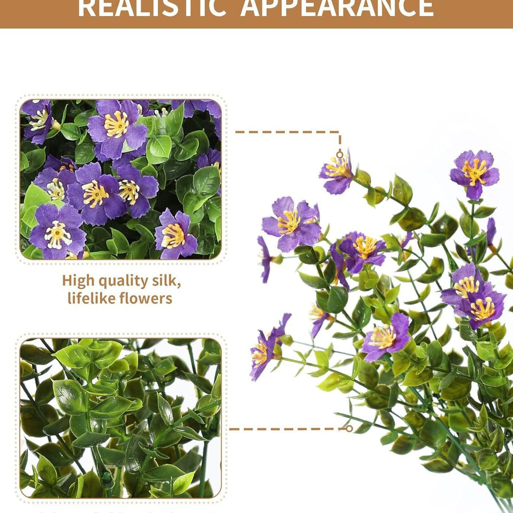 Artificial flowers with green leaves and purple flowers on a white background, labeled 'Realistic Appearance'.