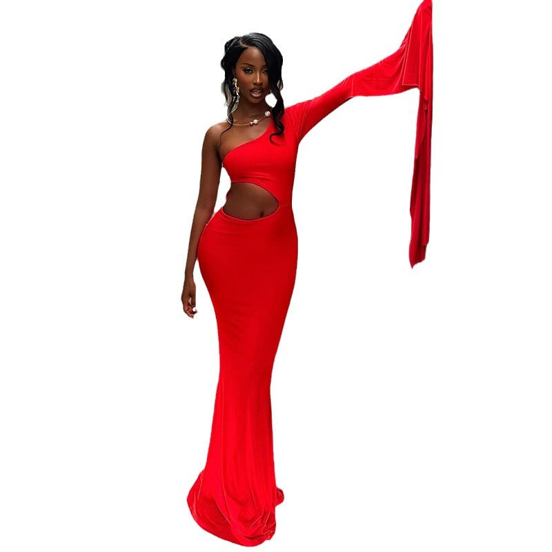 Women's solid color dress sexy off-shoulder sleeveless trumpet sleeve hollow air quality dress