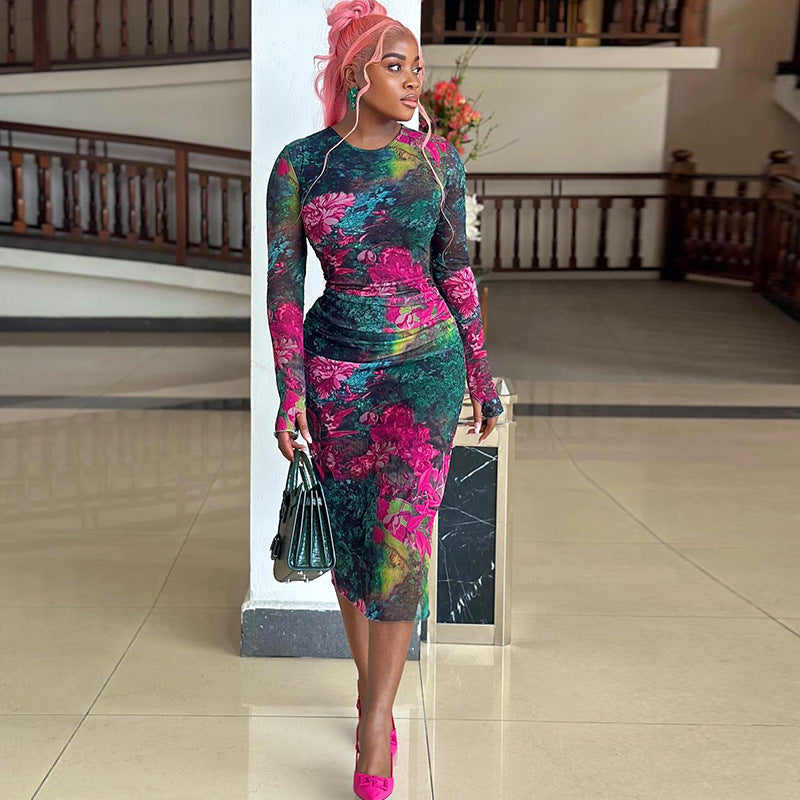 Fashion women's elegant printed hip-wrapped one-step skirt round neck long sleeve slim fit long dress