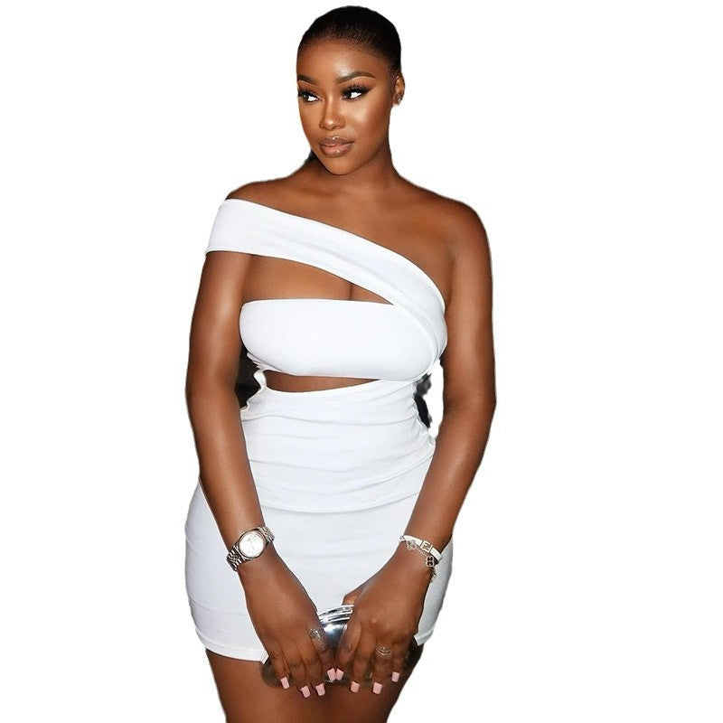 Women's Fashion Solid Color Dress Sexy Slant Neck Off Shoulder Sleeveless Hip-wrapped Short Skirt