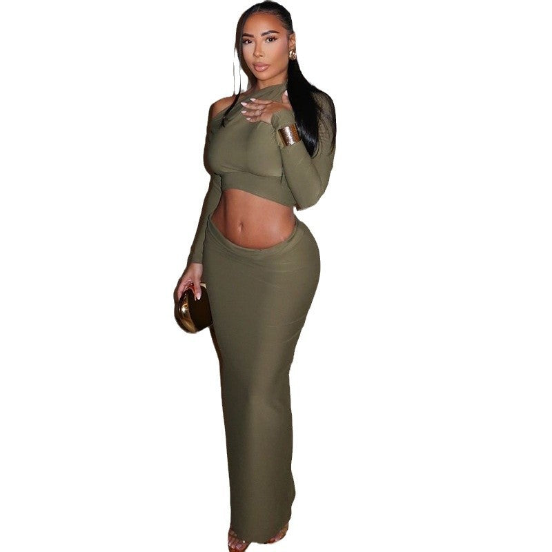 New women's comfortable casual solid color navel-baring long skirt suit long skirt long sleeve oblique collar two-piece suit
