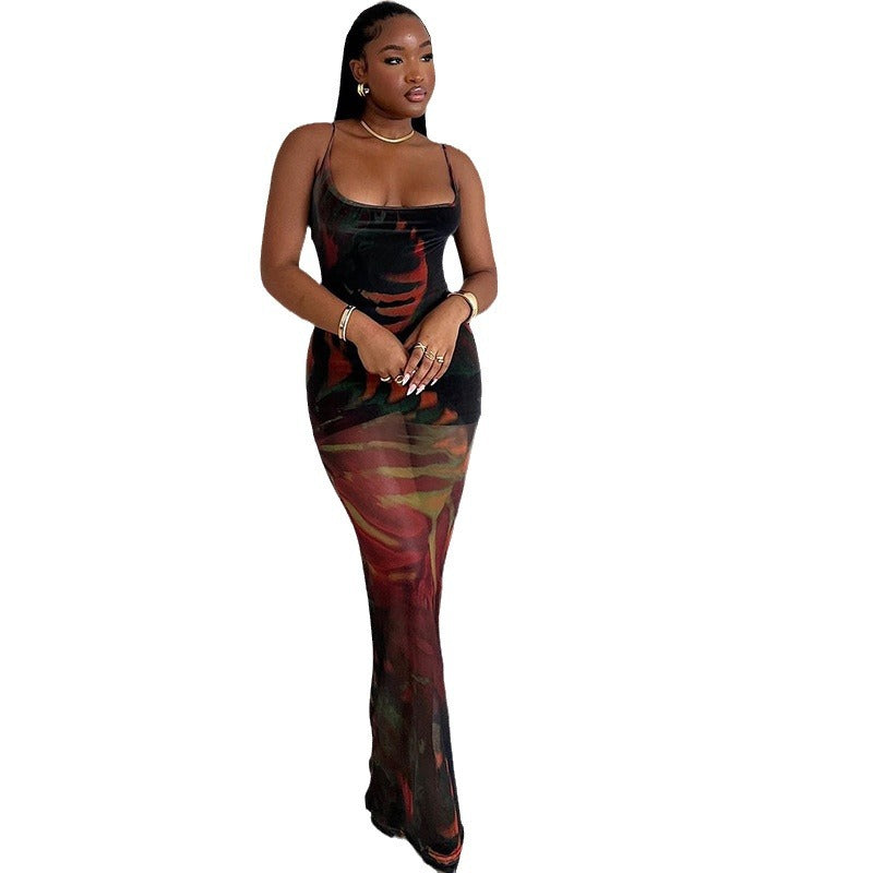Women's Fashion Printed Dress Sexy Suspender Mesh Sleeveless One Step Skirt Trend