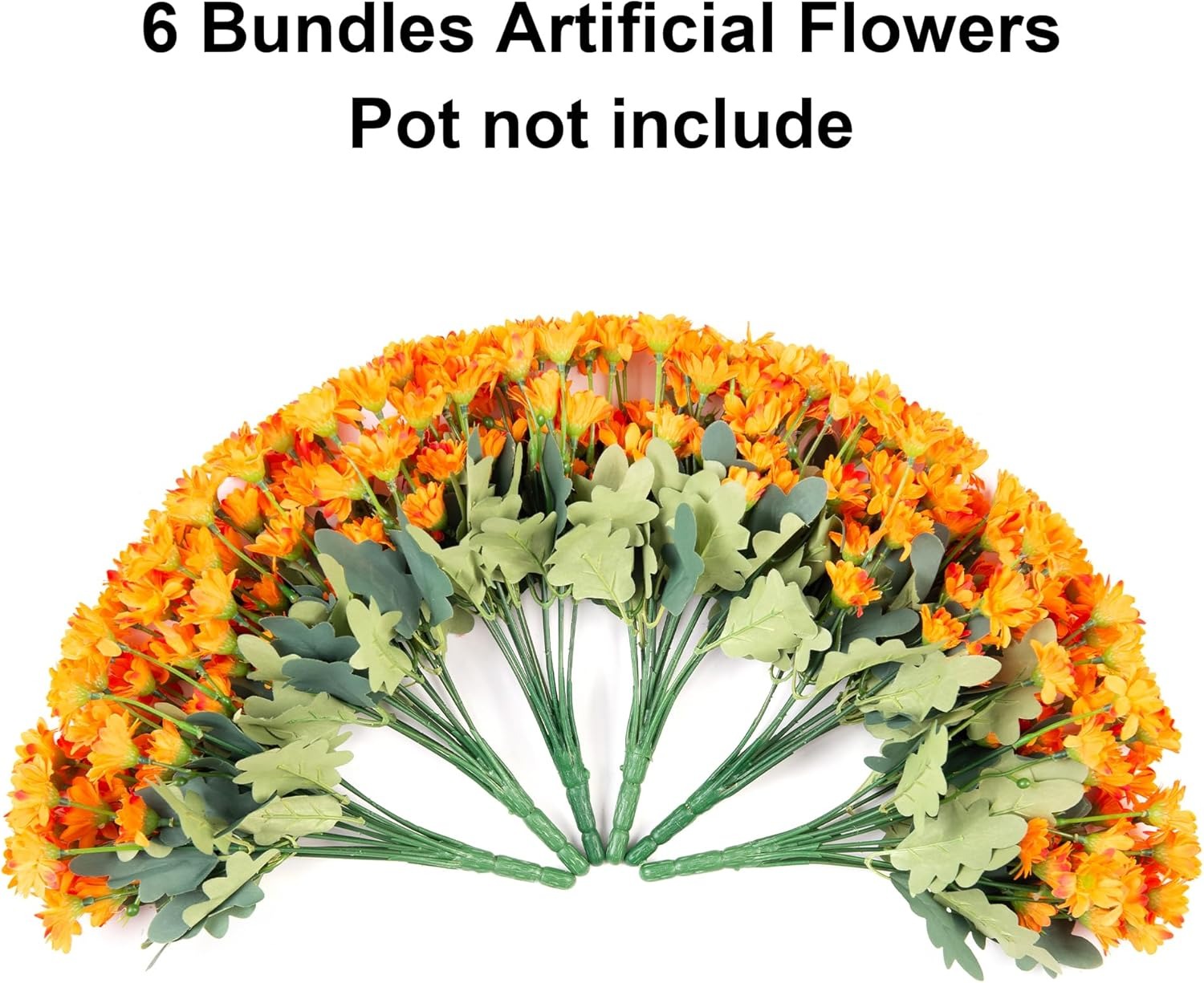 6 bundles of artificial flowers with orange and green colors on a white background.