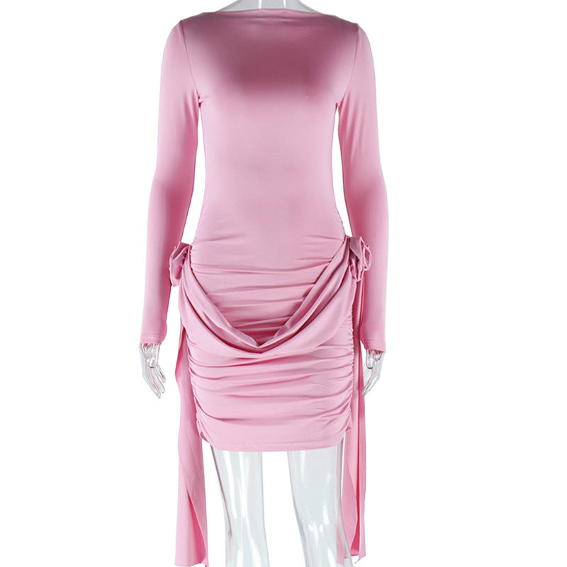 Women's solid color dress round neck long sleeves lace-up flower decoration hip skirt