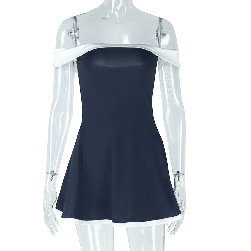Women's black and white color matching fresh backless high waist skirt one-shoulder collar raglan sleeve short dress