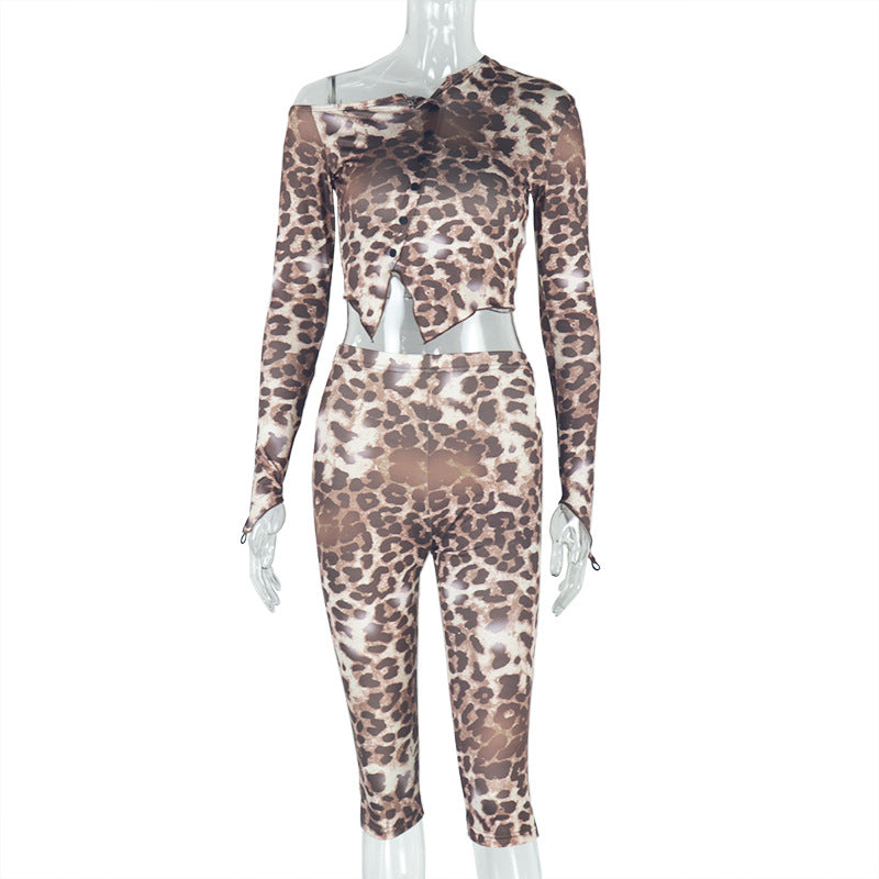 Fashion women's leopard print micro-transparent pants suit asymmetrical off-shoulder long-sleeved top mid-length pants two-piece suit