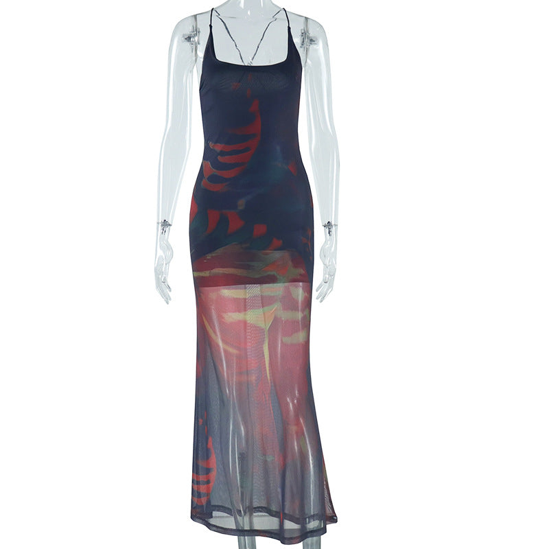Women's Fashion Printed Dress Sexy Suspender Mesh Sleeveless One Step Skirt Trend