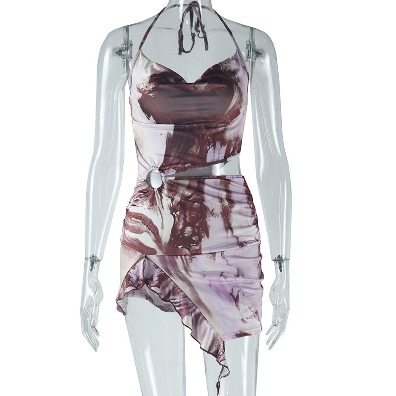 Women's Fashion Printed Dress Sexy Halter Neck Tie-neck Swinging Neck Backless Slit Skirt