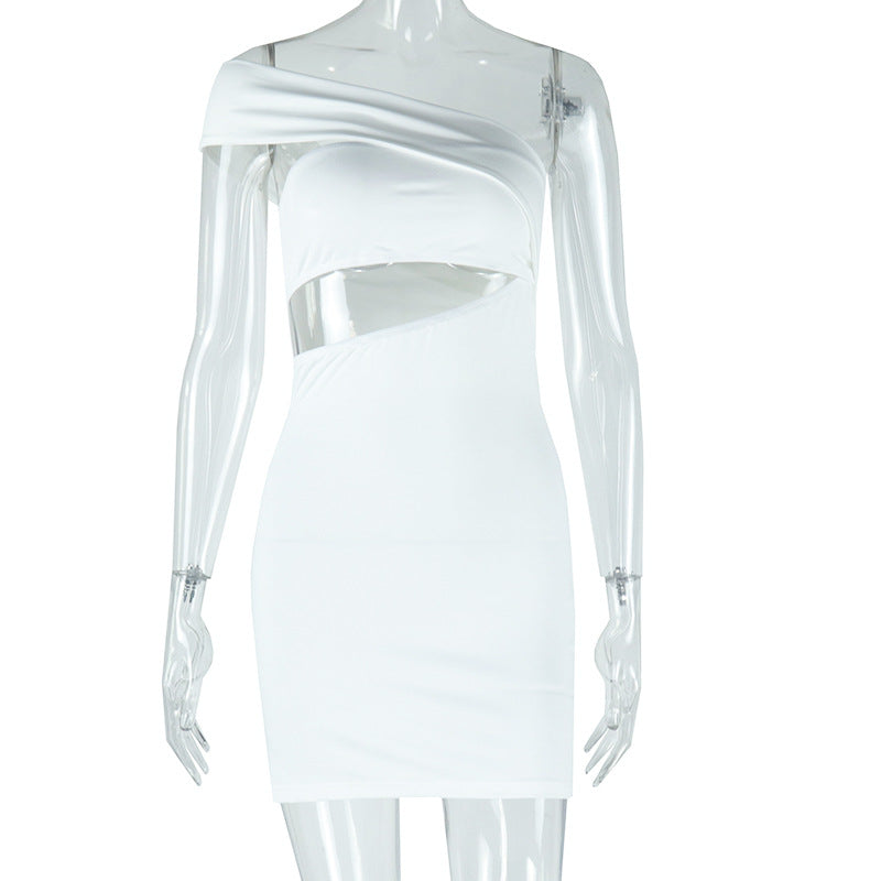 Women's Fashion Solid Color Dress Sexy Slant Neck Off Shoulder Sleeveless Hip-wrapped Short Skirt