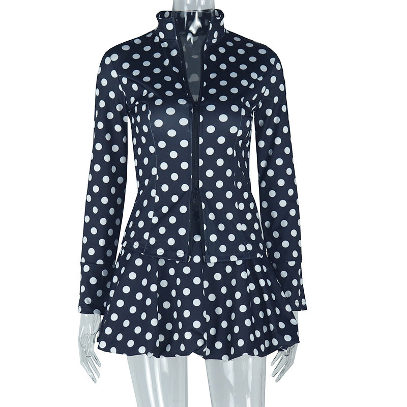 Fashionable women's wear waisted white polka dot pleated skirt suit long-sleeved cardigan zipper top short skirt two-piece suit