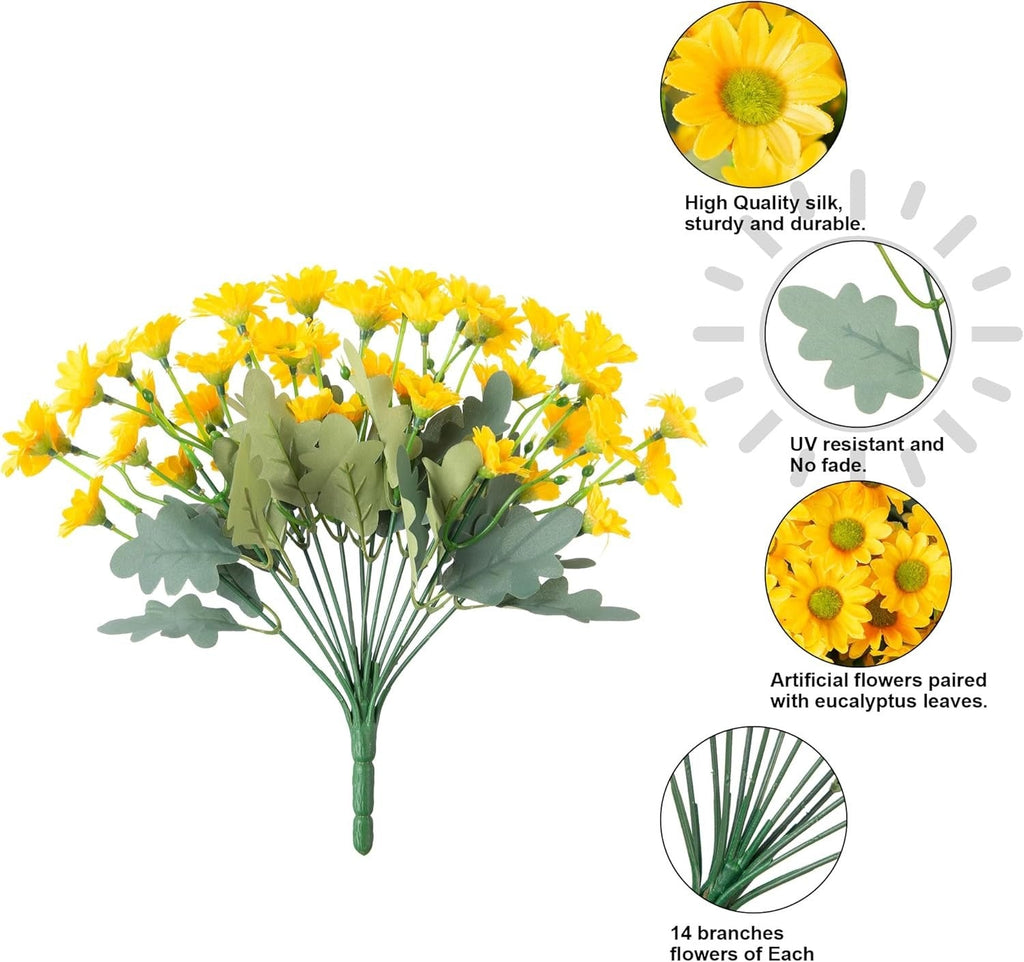 Bouquet of yellow artificial flowers with eucalyptus leaves on a white background, featuring text about product features.