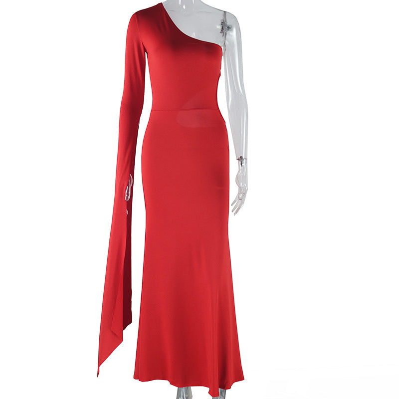 Women's solid color dress sexy off-shoulder sleeveless trumpet sleeve hollow air quality dress