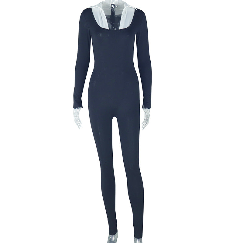 Elegant women's sexy tights slim long jumpsuit Zipper long sleeves white U-neck jumpsuit