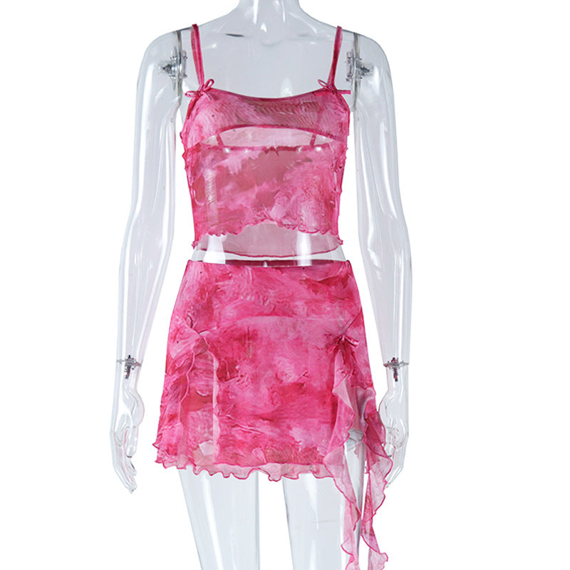 Fashion print sexy camisole vest slit skirt two piece suit trendy women