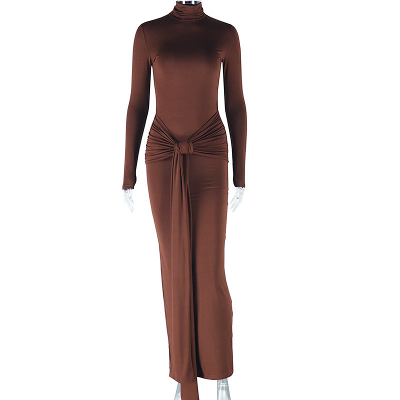 Women's solid color round neck long sleeve dress mid-waist tie ribbon temperament skirt