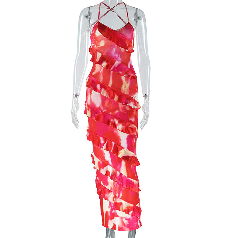 Women's Fashion Printed Sexy Suspender Backless Lace-up Irregular Dress