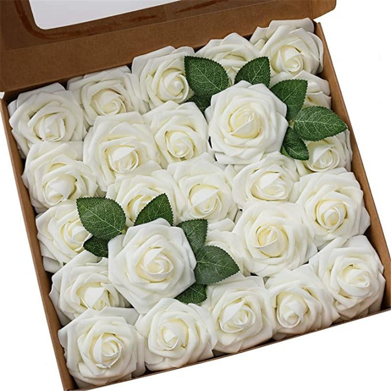 Box of white roses with green leaves on a white background
