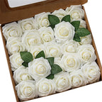 Box of white roses with green leaves on a white background
