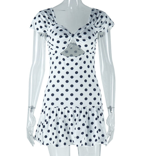 Women's Fashion Polka Dot Print Sexy Hollow Off Shoulder Short Sleeve Casual Dress
