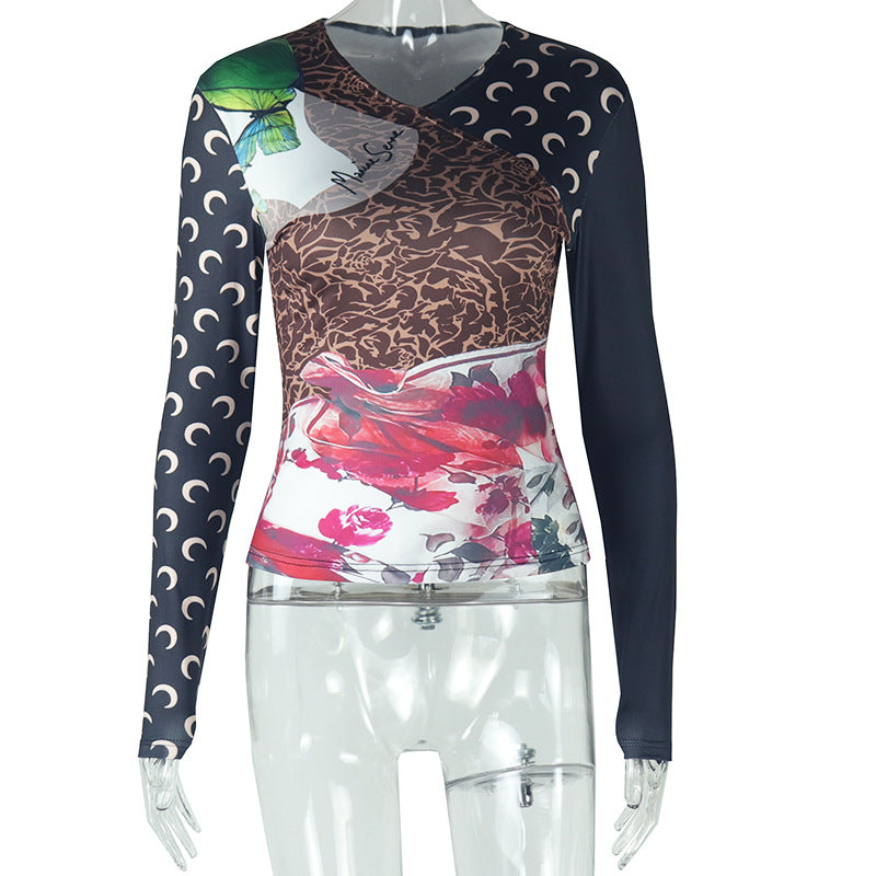 Fashionable and casual women's comfortable printed splicing V-neck slim fit long sleeve autumn and winter warm T-shirt
