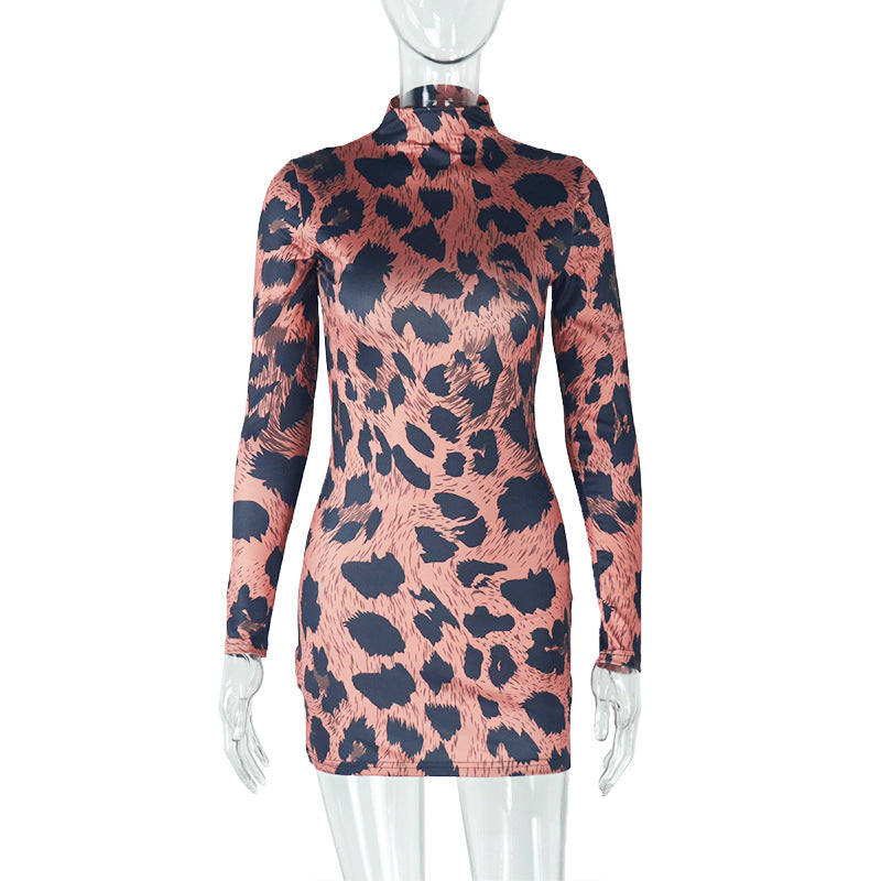 Fashionable and elegant women's clothing printed leopard print sexy tight hip skirt stand collar long sleeve short dress