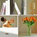 Collage of a plush moose, books, a gold lamp, and a vase with orange tulips on a shelf.