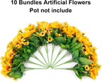 Bouquet of artificial sunflowers with text indicating that the pot is not included.