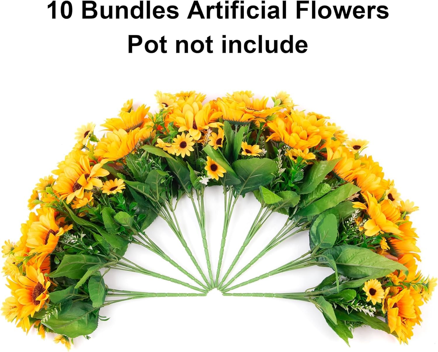 Bouquet of artificial sunflowers with text indicating that the pot is not included.