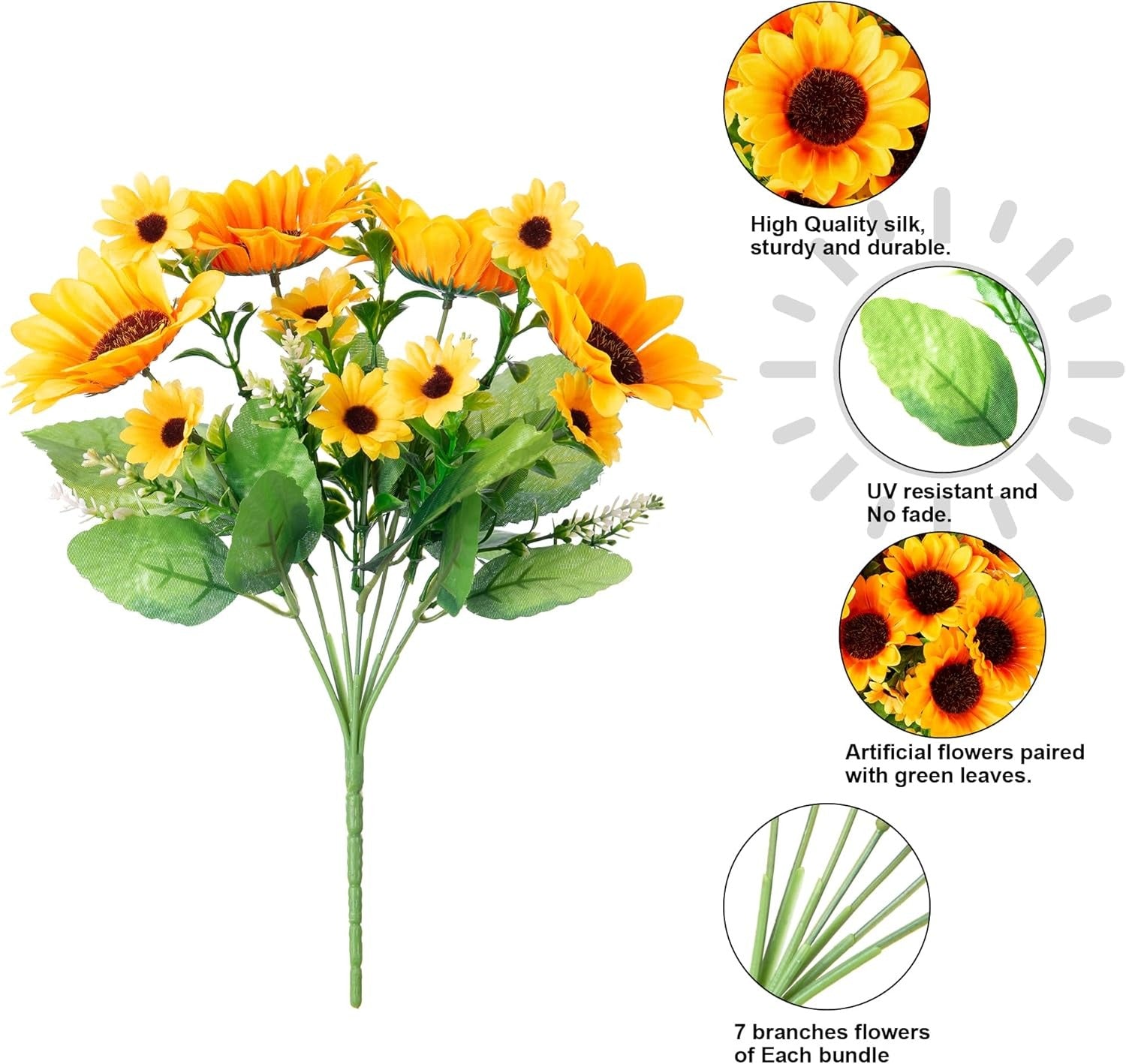 Bouquet of artificial sunflowers with green leaves, featuring quality and feature text on a white background.