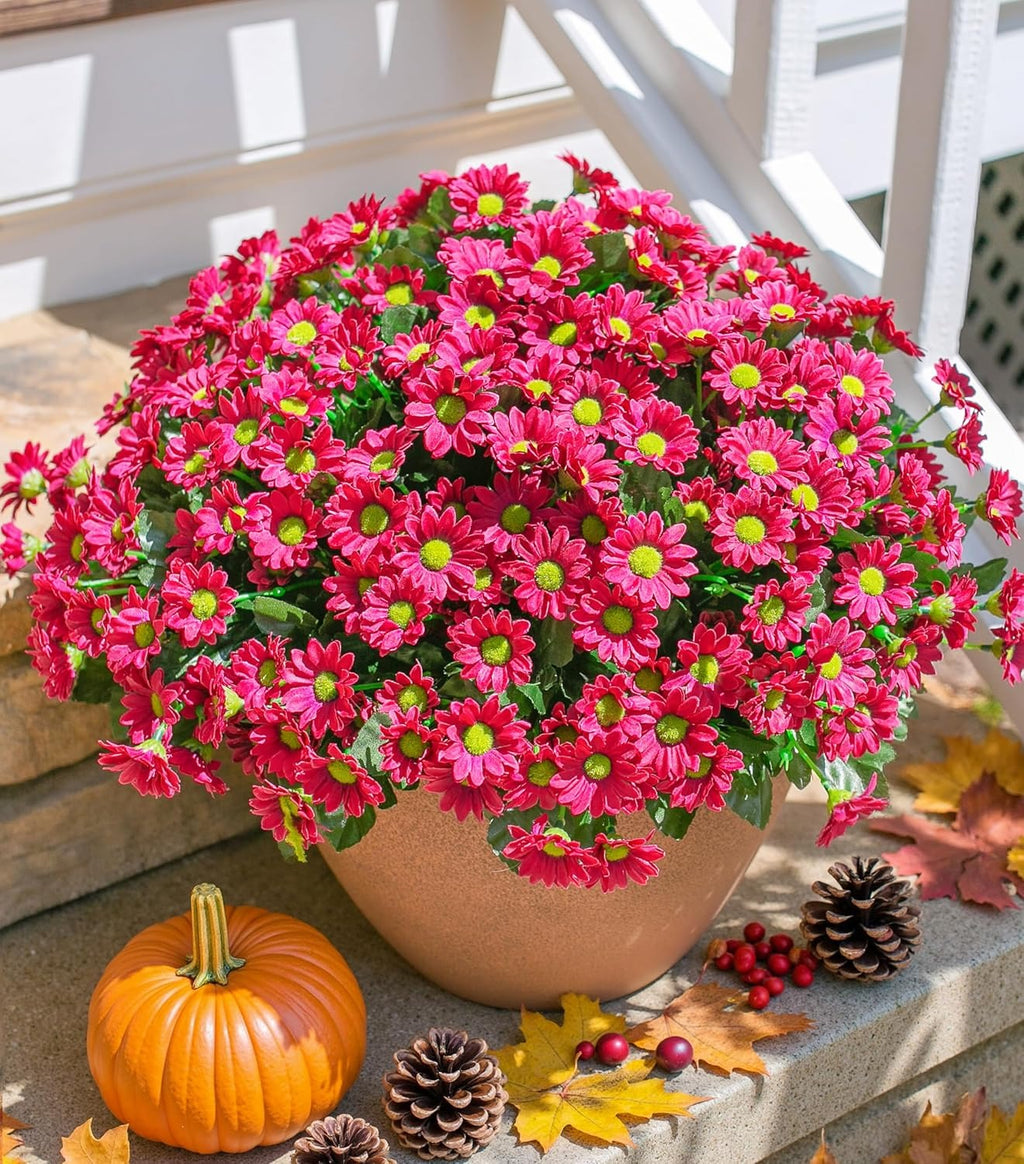 Potted plant with pink flowers on a stone surface with pumpkins and pinecones.