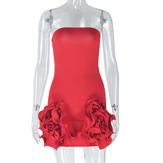 Women's sexy dress solid color sexy tube top sleeveless big flower hip skirt high waist