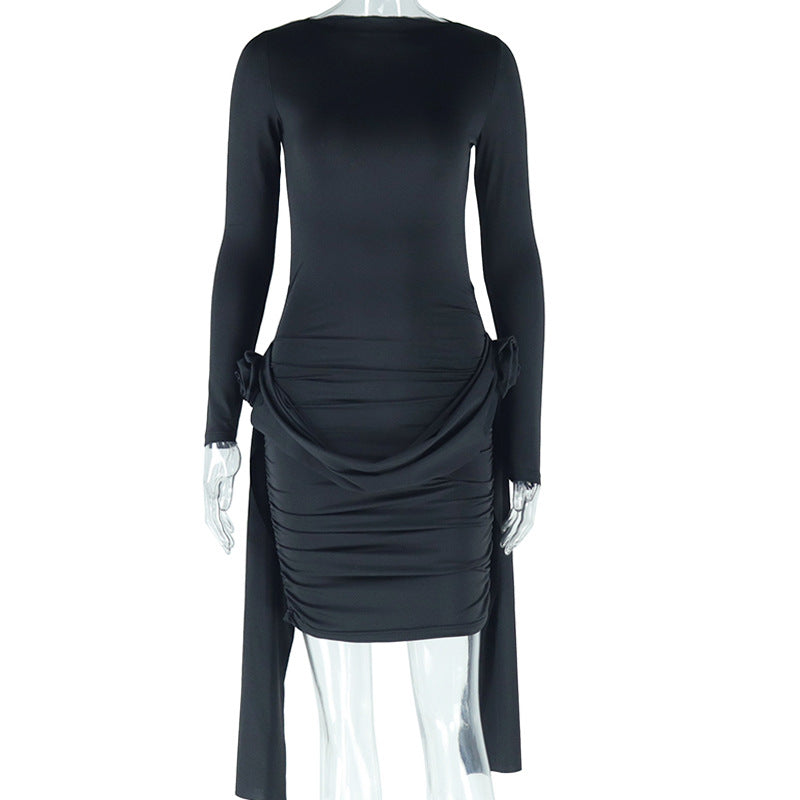 Women's solid color dress round neck long sleeves lace-up flower decoration hip skirt