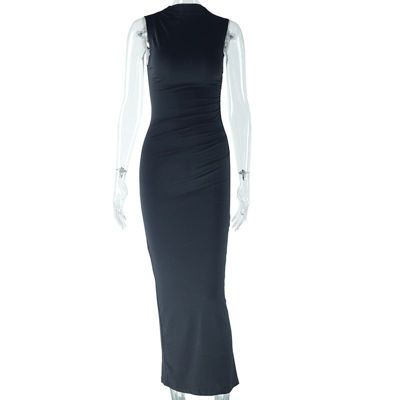 Women's solid color sleeveless dress round neck temperament casual pullover one-step skirt