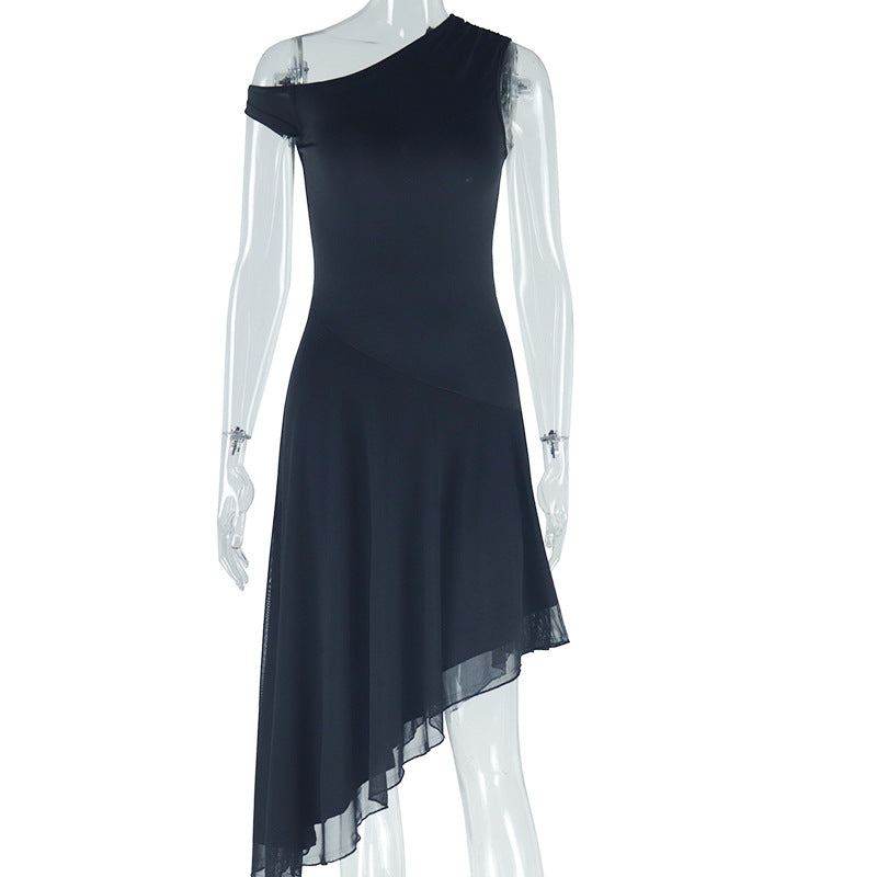 Women's Fashion Solid Color Dress Slant Neck One Shoulder Sleeveless Irregular Skirt