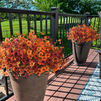 Two potted plants with orange and pink flowers on a wooden deck.