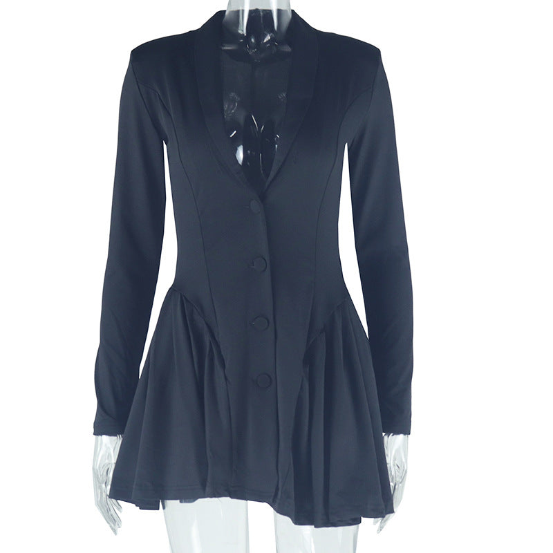 Women's Fashion Sexy Solid Color Single Breasted Pleated Skirt Deep V Long Sleeve Dress