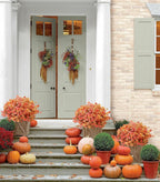 Decorative autumn scene with pumpkins and flowers on a front porch.