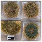 Collage of a dried floral wreath with measurements and scale on a wooden surface