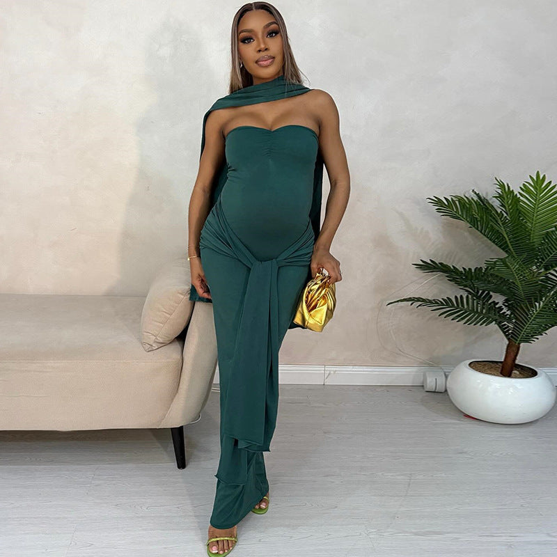 Elegant women's solid color pleated straps slim fishtail skirt one-shoulder neck tube top sexy dress