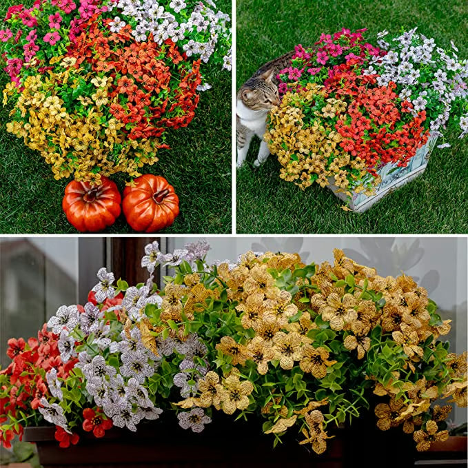 Collage of artificial flowers in pots on grass with a cat, and close-up of the flowers.