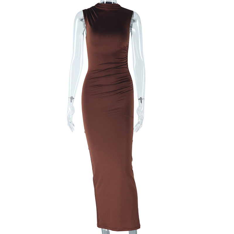 Women's solid color sleeveless dress round neck temperament casual pullover one-step skirt