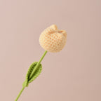 Knitted tulip flower with a green stem on a beige background
