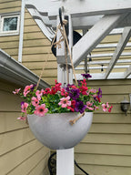 Decorative hanging planter with colorful flowers on a house exterior.