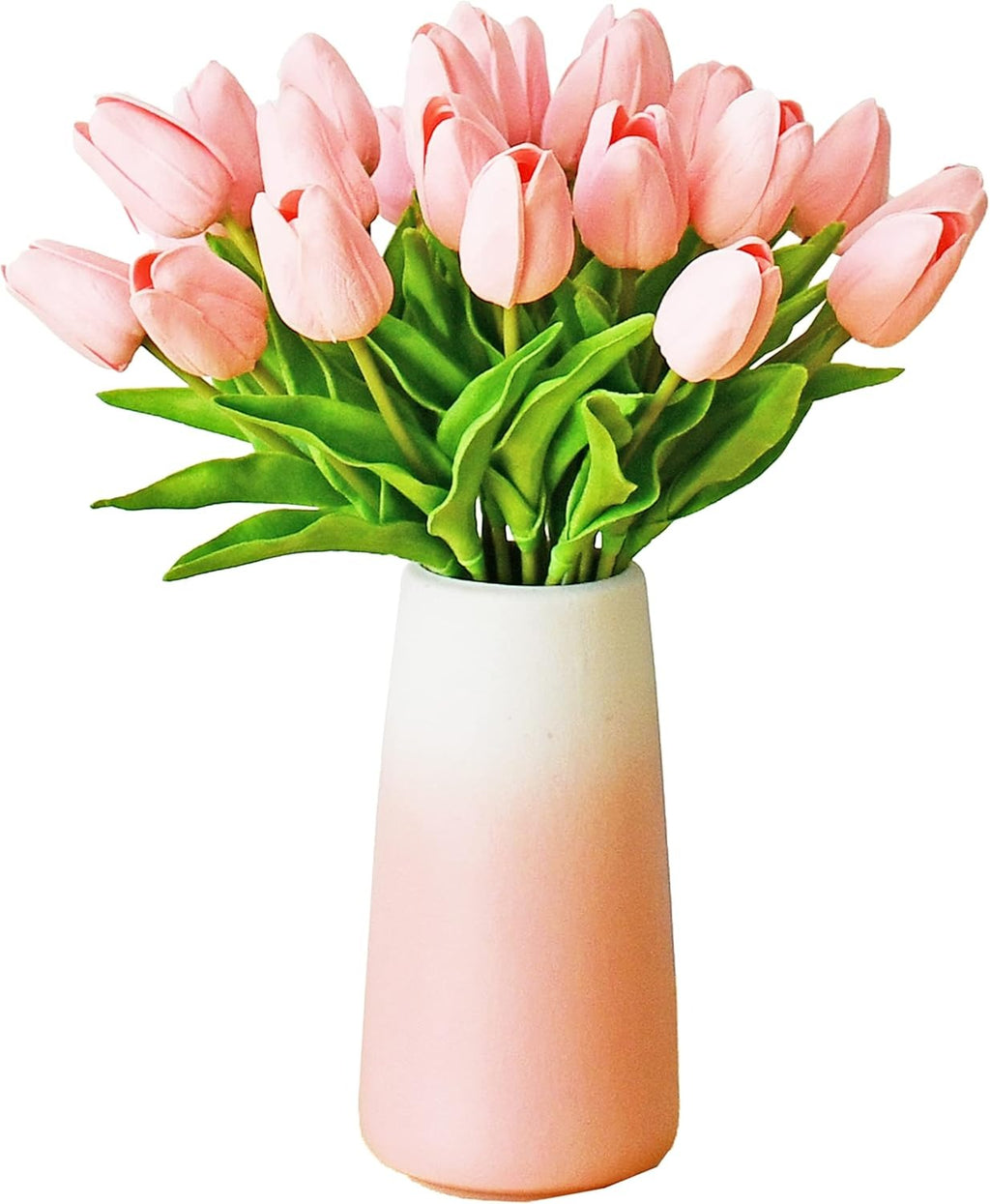 Bouquet of pink tulips in a gradient pink and white vase on a white background